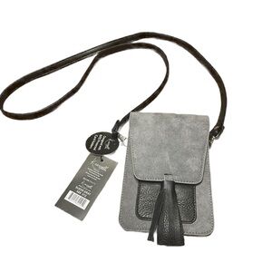 NWT K.Carroll suede grey secure style with RFID shoulder pouch with tassel.